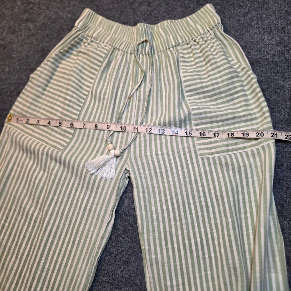 Salty Lemon Sage Green White Striped Wide Leg 100% Cotton Linen Pants Coastal - Picture 16 of 16